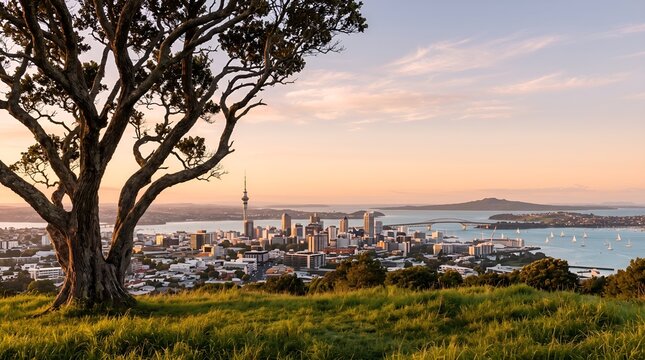 Auckland city skyline at sunset viewed from Mount Eden.