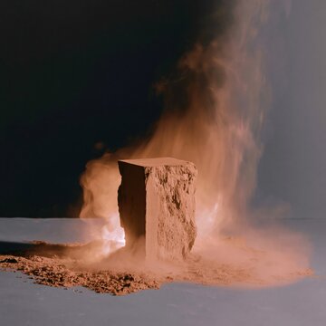 Textured stone podium with amber light spill and ethereal smoke on a dark background, minimalist mockup for product display and design
