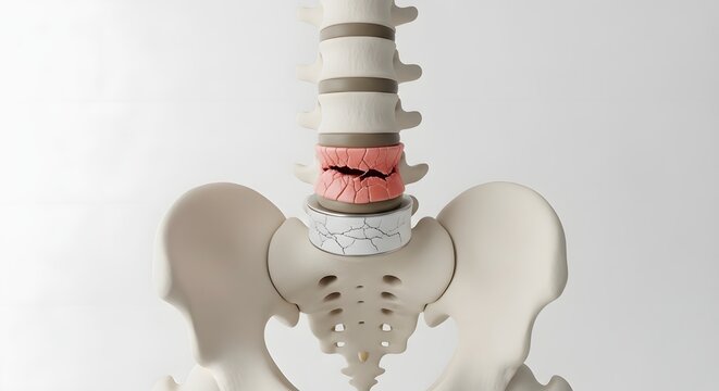Degenerative disc disease and spinal health. Chronic back pain and orthopedic condition. A 3D illustration showing a damaged and cracked spinal disc in a human skeleton