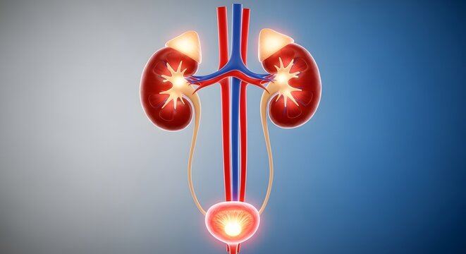 Human kidney anatomy and renal system function. Chronic kidney disease and urinary health. A 3D visualization of the kidneys with glowing areas indicating infection or inflammation