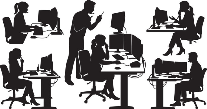 Office workers, business people, computer users, desk silhouettes, workplace icons
