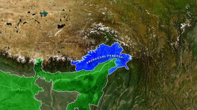satellite map animation showing Arunachal Pradesh highlighted in blue