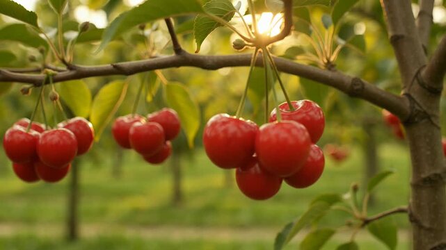 Ripe red cherries growing on a branch in a sunlit orchard during golden hour, depicting a natural organic fruit harvest season concept in a beautiful agricultural farm setting