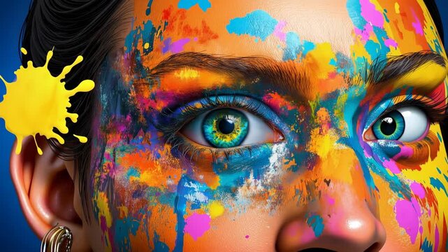 Close-up of a vibrant, colorful painted human face with striking eyes, zooming out to reveal the artistic and expressive abstract portrait in a creative explosion of color