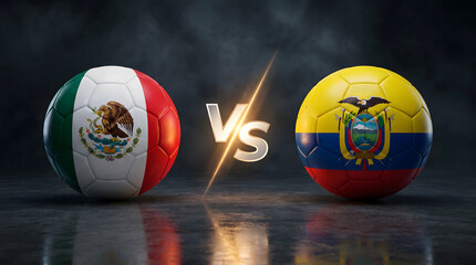 Obraz premium Cinematic Versus Concept with Mexico and Ecuador Soccer Balls and VS Text on Dark Studio Background