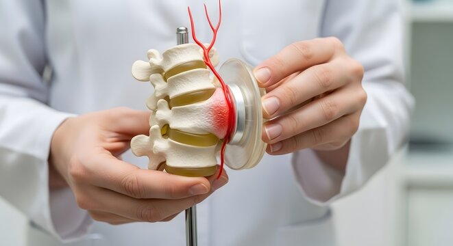 Intervertebral disc herniation and spinal injury. Spine health awareness and medical treatment. Doctor holding a model of the human spine and demonstrating a spinal disc issue