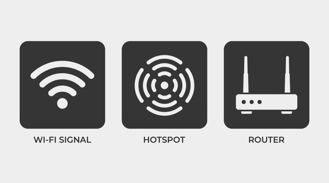 Wi-Fi Signal, Hotspot, and Router Icons for Network and Internet Concepts