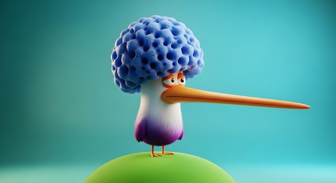 Whimsical character design for creative and artistic concepts. Playful surrealism and imaginative storytelling. A strange bird with a sponge-like blue afro standing on a green hill