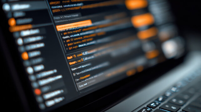 Computer screen showing lines of programming code on a website development project in a dark office