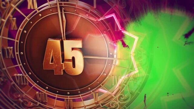 Vintage Steampunk 50 Second Countdown Clock with Shiny Gold Numbers and Roman Numerals Over Animated Neon Star Frame and Green Screen Elements