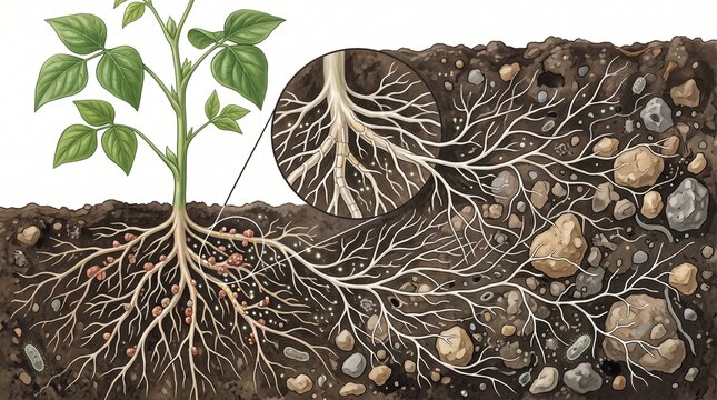 Scientific illustration of plant root system and interaction with bacteria in soil.