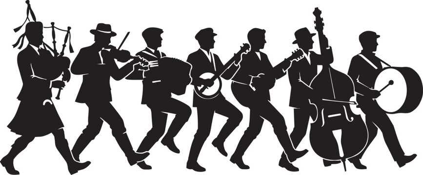 Black silhouette musicians marching band, playing instruments, vector graphics