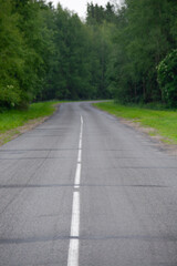 Obraz premium Two lane country road stretching into a forest, outdoors, travel direction, journey concept, navigation idea, freedom theme.