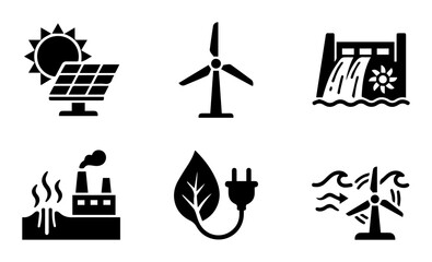 Fototapeta premium Eco friendly energy icons, sustainable power symbols, renewable resources, black vector graphics