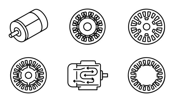 Electric motor components, industrial parts, mechanical symbols, vector icons, 6 elements