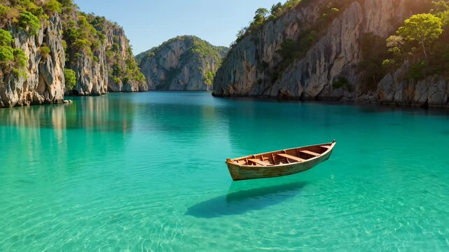 Wooden boat flying over crystal clear turquoise water in a tropical paradise bay with rocky cliffs, creating a surreal levitation effect and casting a perfect shadow