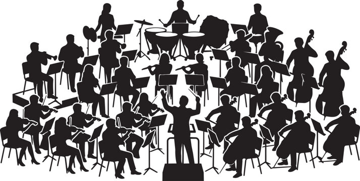 Silhouette orchestra, black musicians, music icons, vector illustrations, concert band