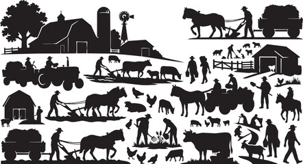 Obraz premium Farm, agriculture, rural life vector icons, 40 black silhouette illustrations, farming, countryside scenes
