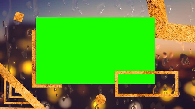 Gold Foil Geometric Slideshow Template with Green Screen Placeholders over Rain Droplets on Wet Window Glass and City Lights Bokeh Background