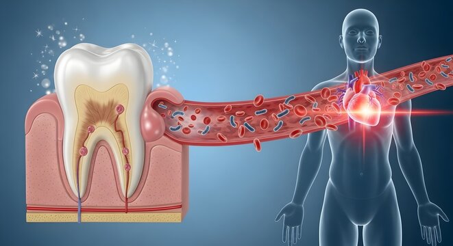 Dental infection linked to cardiovascular health risks. Periodontal disease and systemic inflammation. Illustration showing bacteria traveling from an infected tooth through bloodstream to the heart