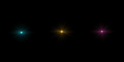 Naklejka premium Colorful light effect collection featuring glowing sparkles and lens flares for graphic design projects including radiant star bursts.
