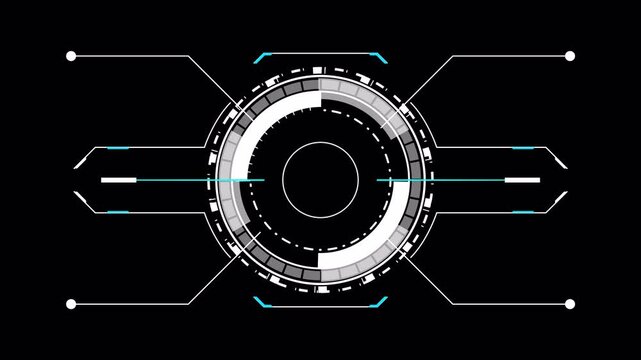Futuristic circle HUD target crosshair with concentric scanner rings, cyan interface brackets and digital reticle alpha channel overlay for sci fi tracking display