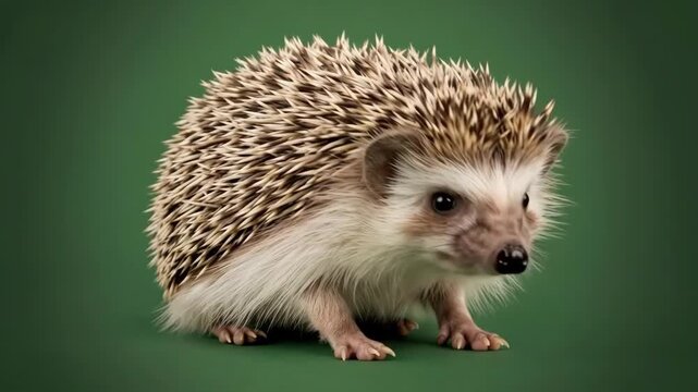 A small prickly hedgehog standing centered against a vibrant green background