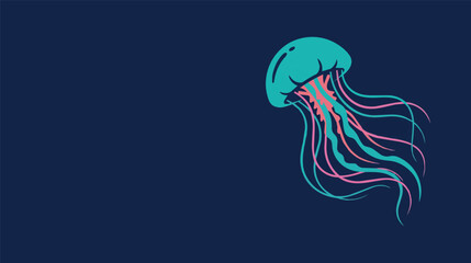 Stylized glowing jellyfish with colorful flowing tentacles on dark blue background featuring negative space, elegant marine life vector illustration for ocean themed designs. © AbdulRehman