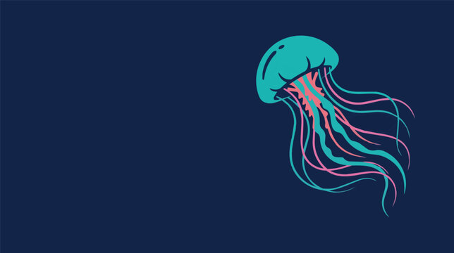 Stylized glowing jellyfish with colorful flowing tentacles on dark blue background featuring negative space, elegant marine life vector illustration for ocean themed designs.