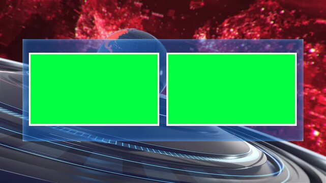 3D Broadcast News Studio Virtual Background Loop with Dual Green Screen Panels and Rotating Digital Earth Globe over Abstract Red Tech Backdrop