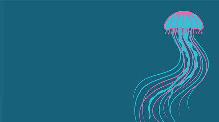 Naklejka premium Minimal neon jellyfish vector with pink and cyan flowing tentacles on teal blue background, elegant marine life illustration, modern negative space design for creative branding.