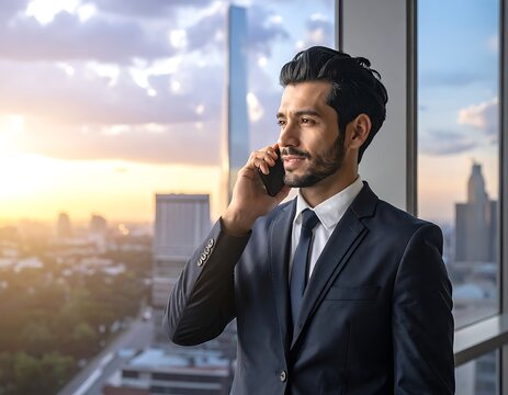 Businessman talking on phone in office.