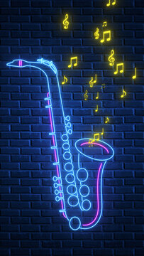neon lights saxophone and musical notes on brick wall ,jazz music cafe, concert and bar vertical social media background