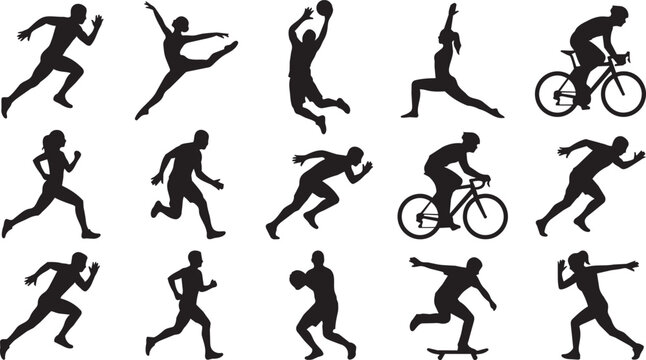 Black silhouettes of athletes, sports icons, fitness illustrations, action figures
