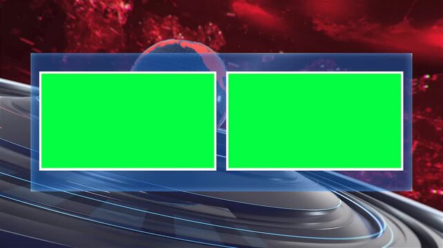 3D Television Newscast Virtual Studio Loop with Dual Chroma Key Windows and Rotating Digital Wireframe Globe over Crimson Tech Data Stream