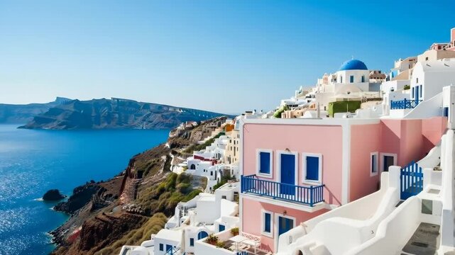 Iconic pink building overlooking the scenic caldera of santorini in greece