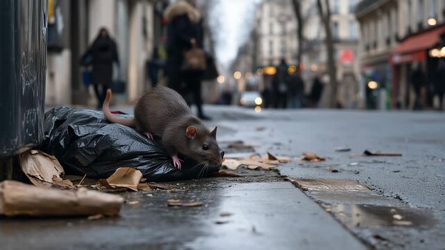 Urban rat exploring a dirty city street near a garbage bag, representing urban wildlife, pest infestation, and public health issues in a busy metropolitan area