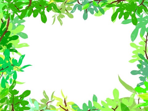 緑、黄緑、の濃淡がついた葉っぱと枝のフレームイラスト
