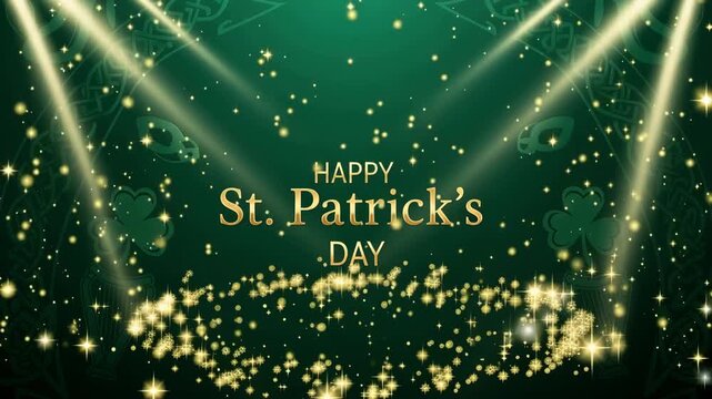 St. Patrick's day gold glitter celebration background, with Celtic patterns 4K Ai HD high quality video.