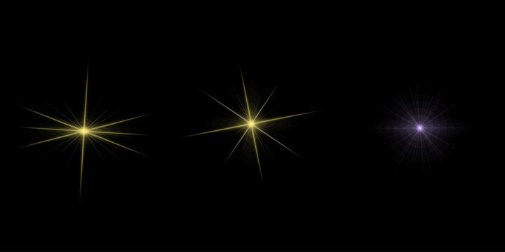 Glowing star flares and light rays collection isolated on black background vector design elements for creative graphic art works set.