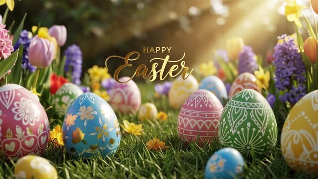 Happy Easter greeting with colorful decorated eggs and spring flowers 4K Ai HD high quality video.