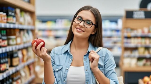 A smiling young woman holding a fresh red apple in a grocery store aisle
