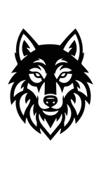 Fototapeta premium Stylized black and white wolf head emblem with flowing fur details, clean graphic design concept