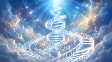 Obraz premium Surreal heavenly stairway leading to a giant glowing DNA helix in a cosmic sky with clouds