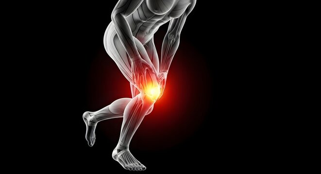 Chronic knee pain and joint injury. Orthopedic health and medical diagnostics. A human anatomical model with a glowing red knee joint representing localized pain and injury
