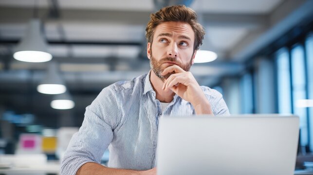 Man sitting at desk with laptop looking thoughtful in office