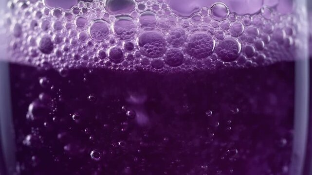 Deep Violet Grape Soda Bubbles with Sweet Candy Aesthetic and Foam Forming on Top
