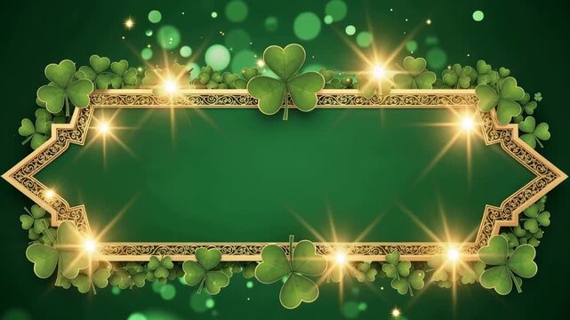 St. patrick's day gold frame with animated shamrocks and glowing bokeh background 4K Ai HD high quality video.