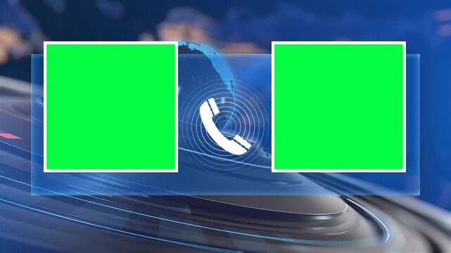 Futuristic News Broadcast Interface Loop with Dual Green Screen Picture-in-Picture Windows and Rotating Digital World Globe Telephone Contact Hotline Icon