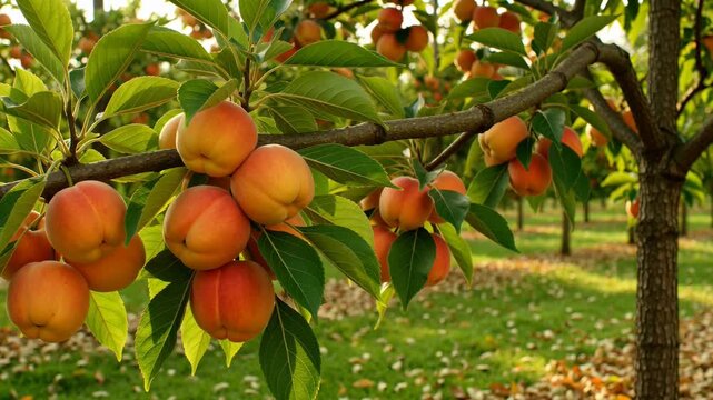 Ripe organic apricots hanging on a tree branch in a sunny orchard during harvest season, showcasing fresh fruit farming and sustainable agriculture in a beautiful garden